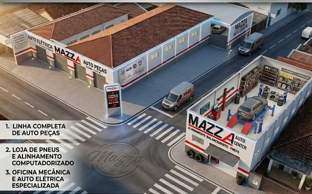 As três lojas do Grupo Mazza na Rua Dr. Felipe Vita, em Itaporanga: Auto Elétrica, Auto Peças e Auto Center